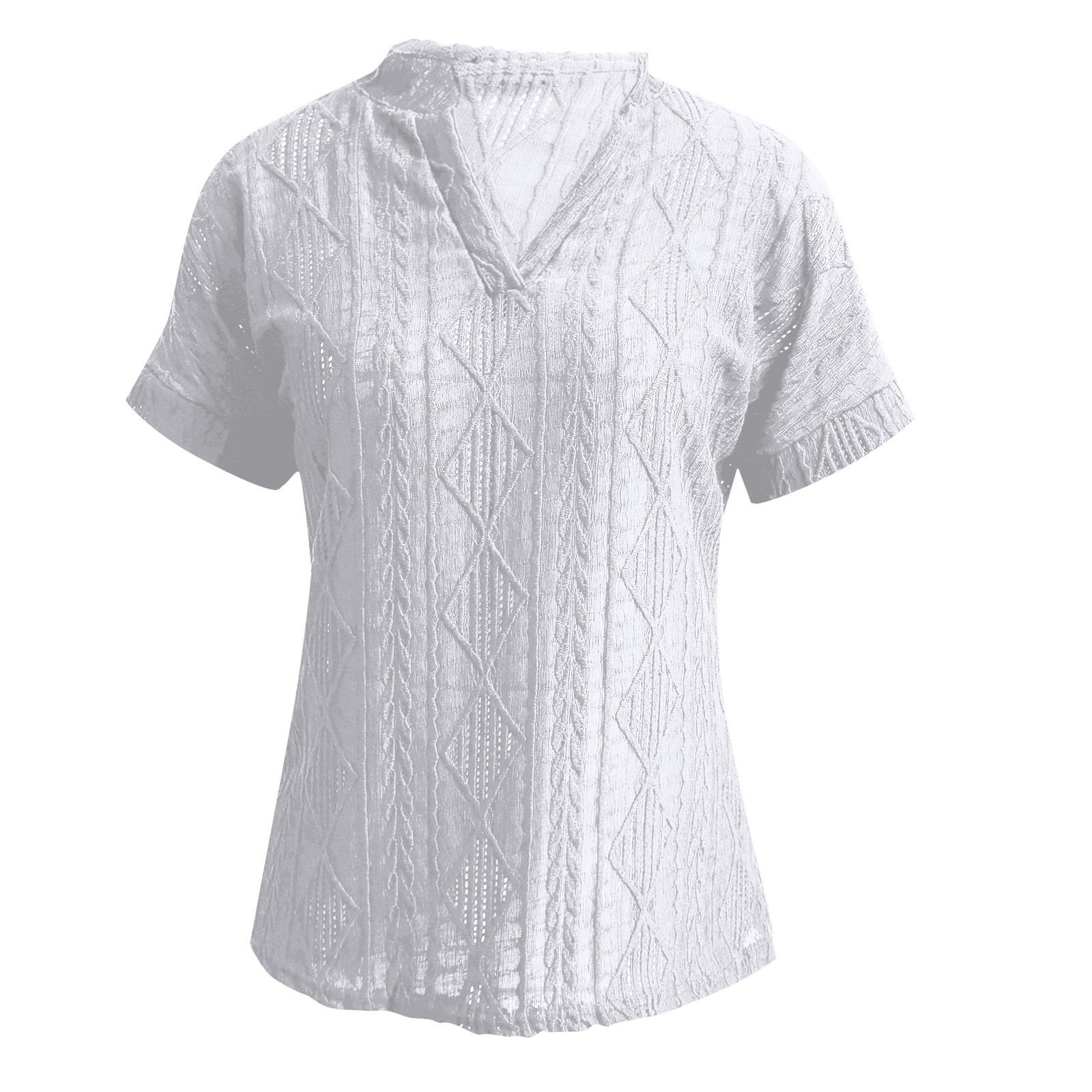 thumbnail image 5 of Camisa de punto jacquard holgada con cuello en V para mujer: manga corta, detalle de cordones, informal de verano, fácil de cuidar, 5 of 7